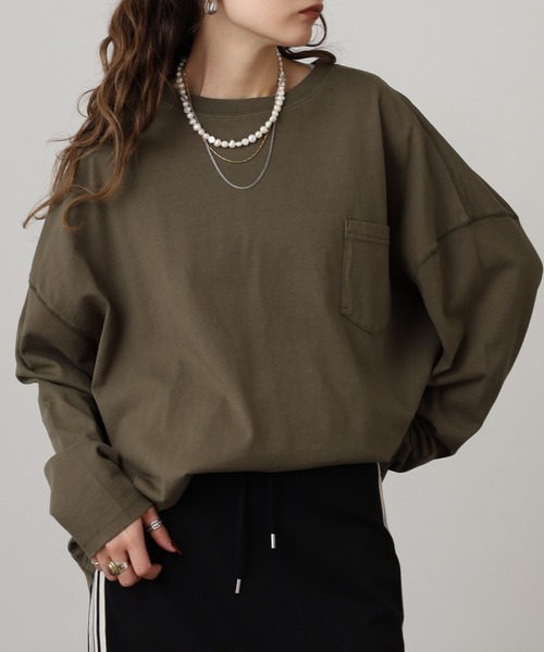 Arinomama(アリノママ)の「Arinomama ナンバリングPTオーバーロンT ピグメント加工(Tシャツ/カットソー・レディース・ブラック/カーキ/ネイビー・FREE)」の7枚目の写真