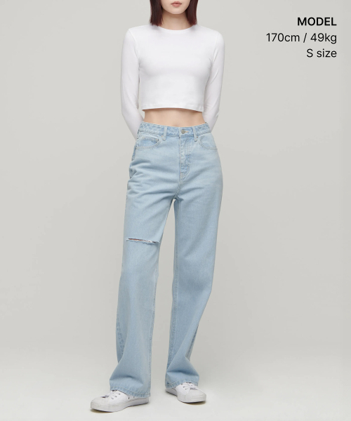 MUSINSA STANDARD WOMAN（ムシンサスタンダードウーマン）の「ウィメンズスラッシュルーズストレートデニムパンツ[ペイルブルー]（デニムパンツ・レディース・その他・30/24/26/27/28/29/25）」の9枚目の写真
