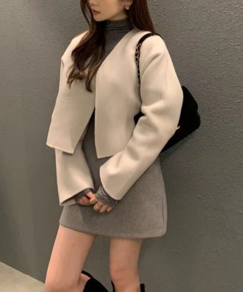 セール】ショート丈ノーカラーメルトンコート（ノーカラーコート