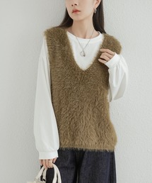 Vネックフェイクファー ニットベスト