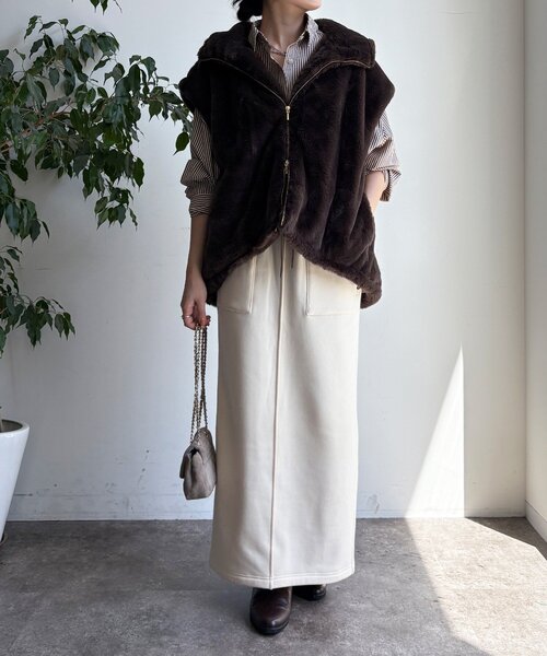 DouDou（ドゥドゥ）の「ボンバーヒートIラインスカート（スカート・レディース・キャメル/ブラック/アイボリー・FREE）」の9枚目の写真