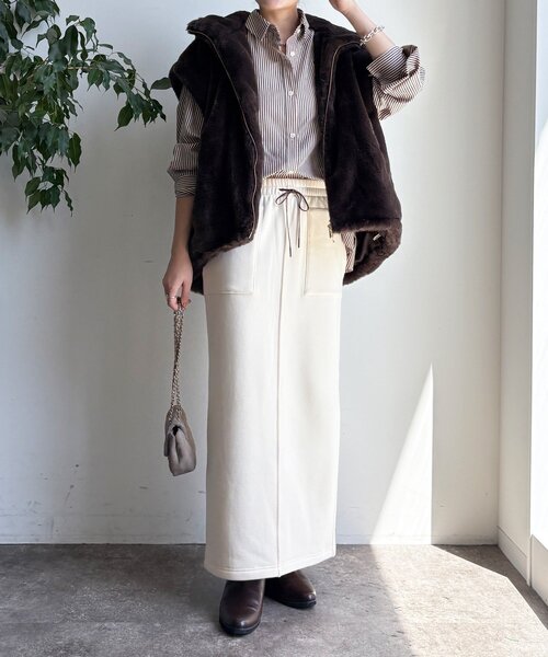 DouDou（ドゥドゥ）の「ボンバーヒートIラインスカート（スカート・レディース・キャメル/ブラック/アイボリー・FREE）」の10枚目の写真