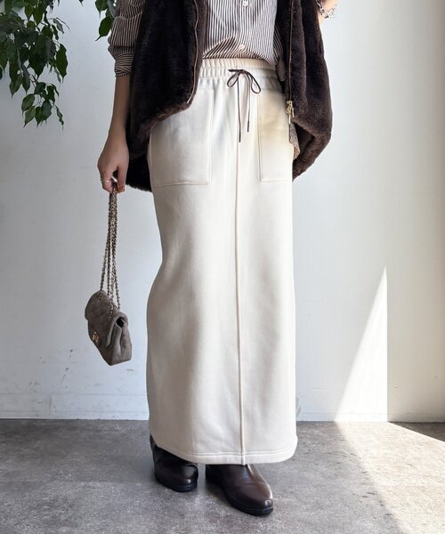 DouDou（ドゥドゥ）の「ボンバーヒートIラインスカート（スカート・レディース・キャメル/ブラック/アイボリー・FREE）」の12枚目の写真