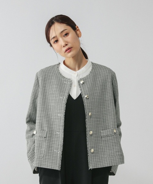 GLOBAL WORK(グローバルワーク)の「ツイードノーカラージャケット/591838(テーラードジャケット・レディース・ホワイト系8/ネイビー・MEDIUM/LARGE)」の2枚目の写真