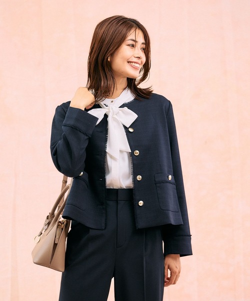 GLOBAL WORK(グローバルワーク)の「ツイードノーカラージャケット/591838(テーラードジャケット・レディース・ホワイト系8/ネイビー・MEDIUM/LARGE)」の1枚目の写真