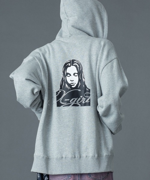 X-girl(エックスガール)の「RHINESTONE LOGO AND FACE ZIP UP SWEAT HOODIE(パーカー・レディース・ブラック/オリーブ/アッシュ・S/M)」の3枚目の写真