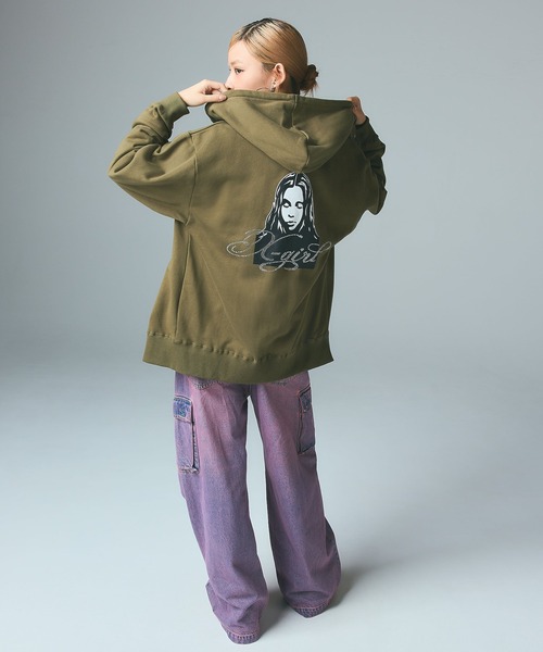 X-girl(エックスガール)の「RHINESTONE LOGO AND FACE ZIP UP SWEAT HOODIE(パーカー・レディース・ブラック/オリーブ/アッシュ・S/M)」の13枚目の写真