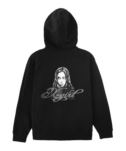 X-girl(エックスガール)の「RHINESTONE LOGO AND FACE ZIP UP SWEAT HOODIE(パーカー・レディース・ブラック/オリーブ/アッシュ・S/M)」の4枚目の写真