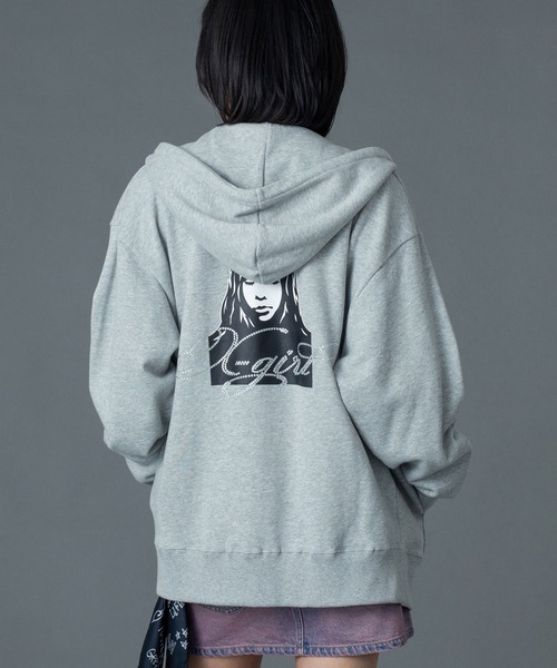 X-girl（エックスガール）の「RHINESTONE LOGO AND FACE ZIP UP SWEAT HOODIE（パーカー・レディース・ブラック/オリーブ/アッシュ・S/M）」の21枚目の写真