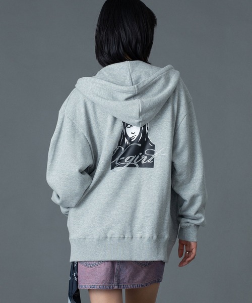 X-girl（エックスガール）の「RHINESTONE LOGO AND FACE ZIP UP SWEAT HOODIE（パーカー・レディース・ブラック/オリーブ/アッシュ・S/M）」の22枚目の写真