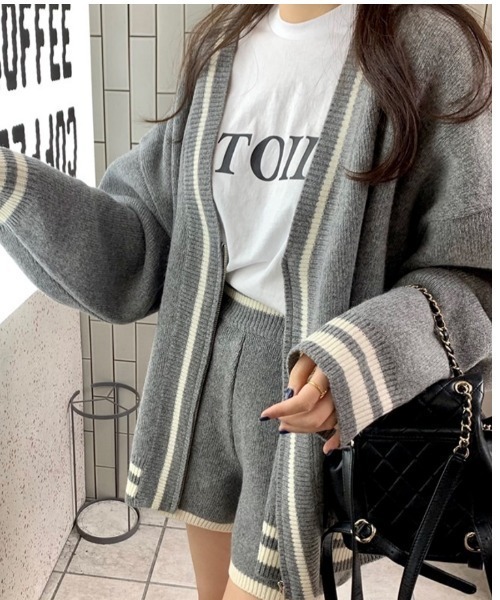 セール】2点セットアップ ラインニットカーディガン＆ショートパンツ