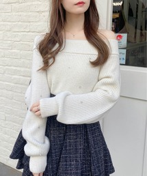 もちもちラメパールビジュー付オフショルニット