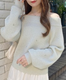 もちもちラメパールビジュー付オフショルニット