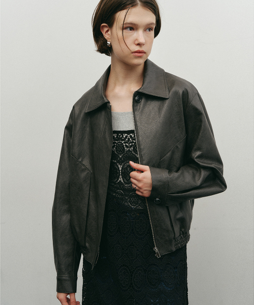 Oversized leather banding jacket in gray MBEFJP002GR