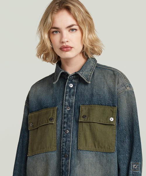 G-STAR（ジースター）の「【UNISEX】Hybrid Overshirt/異素材ミックスロールアップデザインヴィンテージライクウォッシュド加工オーバーサイズデニムシャツジャケット（シャツ/ブラウス・レディース・ブルー系その他・MEDIUM/SMALL/X-SMALL）」の6枚目の写真