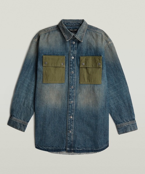 G-STAR（ジースター）の「【UNISEX】Hybrid Overshirt/異素材ミックスロールアップデザインヴィンテージライクウォッシュド加工オーバーサイズデニムシャツジャケット（シャツ/ブラウス・レディース・ブルー系その他・MEDIUM/SMALL/X-SMALL）」の4枚目の写真