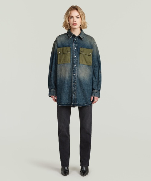 G-STAR（ジースター）の「【UNISEX】Hybrid Overshirt/異素材ミックスロールアップデザインヴィンテージライクウォッシュド加工オーバーサイズデニムシャツジャケット（シャツ/ブラウス・レディース・ブルー系その他・MEDIUM/SMALL/X-SMALL）」の3枚目の写真