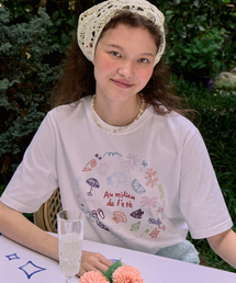 【ノンローカル×イヤバッグ】 Coloring Seaside Hand Drawing T-shirt - White