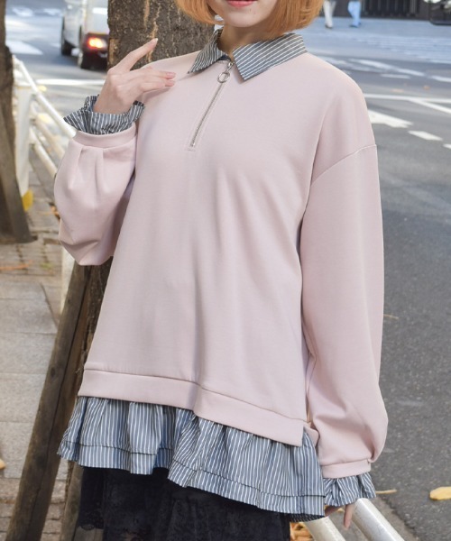 axes femme(アクシーズファム)の「ハーフジップレイヤード風プルオーバー(チュニック・レディース・グレー/ピンク/キナリ・FREE)」の1枚目の写真