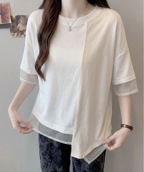 SHEPP(シープ)の「【26年春夏新作】異素材ミックスメッシュハーフスリーブ半袖Tシャツ(Tシャツ/カットソー・レディース・ホワイト/ブラック・M/L)」の1枚目の写真
