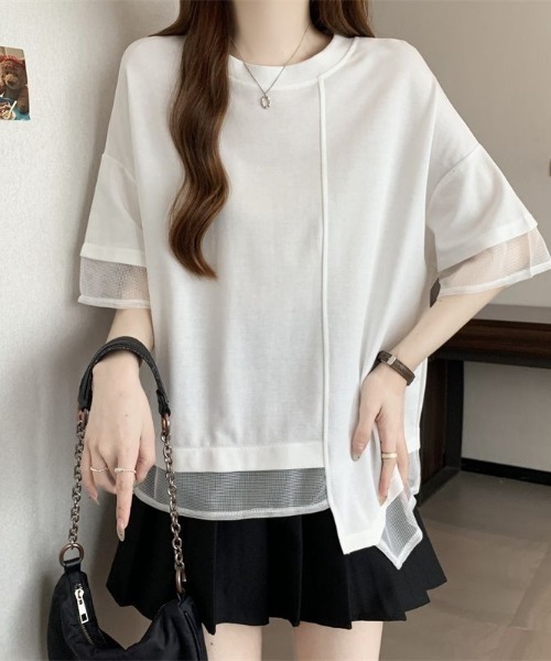 SHEPP(シープ)の「【26年春夏新作】異素材ミックスメッシュハーフスリーブ半袖Tシャツ(Tシャツ/カットソー・レディース・ホワイト/ブラック・M/L)」の3枚目の写真
