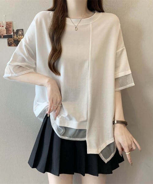SHEPP(シープ)の「【26年春夏新作】異素材ミックスメッシュハーフスリーブ半袖Tシャツ(Tシャツ/カットソー・レディース・ホワイト/ブラック・M/L)」の4枚目の写真