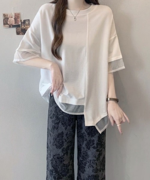 SHEPP(シープ)の「【26年春夏新作】異素材ミックスメッシュハーフスリーブ半袖Tシャツ(Tシャツ/カットソー・レディース・ホワイト/ブラック・M/L)」の5枚目の写真