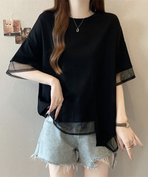 SHEPP(シープ)の「【26年春夏新作】異素材ミックスメッシュハーフスリーブ半袖Tシャツ(Tシャツ/カットソー・レディース・ホワイト/ブラック・M/L)」の6枚目の写真