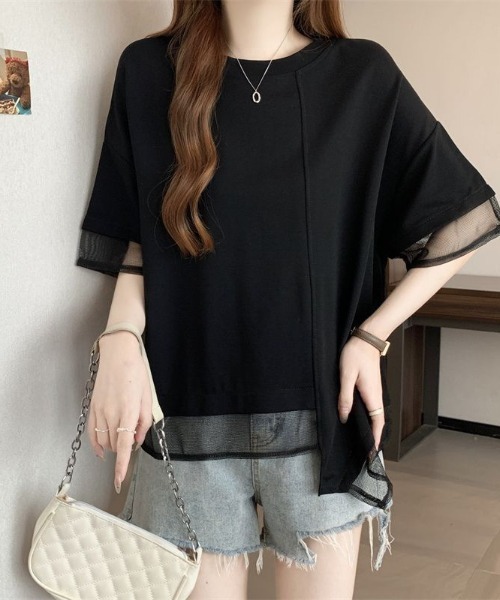 SHEPP(シープ)の「【26年春夏新作】異素材ミックスメッシュハーフスリーブ半袖Tシャツ(Tシャツ/カットソー・レディース・ホワイト/ブラック・M/L)」の7枚目の写真