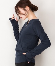 M-4L 指穴付き Vネックくしゅくしゅ袖カットソー 夏服