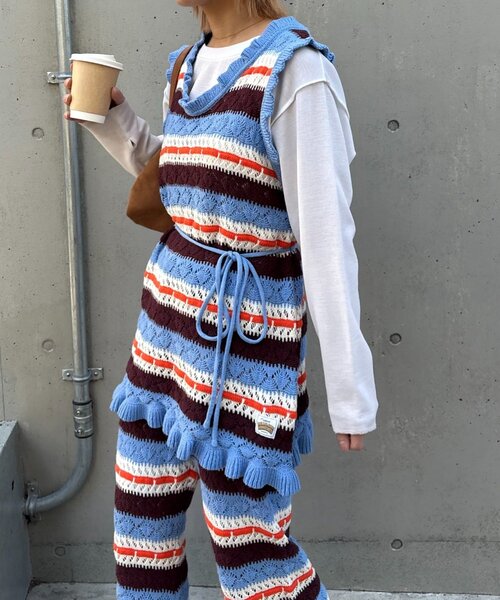 HELLO.SANFRANCISCO(ハローサンフランシスコ)の「【HELLO.SANFRANCISCO】透かし柄ボーダーニットチュニック(ニット/セーター・レディース・レッド/サックスブルー・ONE SIZE)」の5枚目の写真