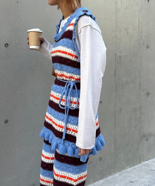 HELLO.SANFRANCISCO(ハローサンフランシスコ)の「【HELLO.SANFRANCISCO】透かし柄ボーダーニットチュニック(ニット/セーター・レディース・レッド/サックスブルー・ONE SIZE)」の6枚目の写真