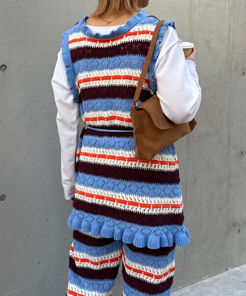 HELLO.SANFRANCISCO(ハローサンフランシスコ)の「【HELLO.SANFRANCISCO】透かし柄ボーダーニットチュニック(ニット/セーター・レディース・レッド/サックスブルー・ONE SIZE)」の7枚目の写真