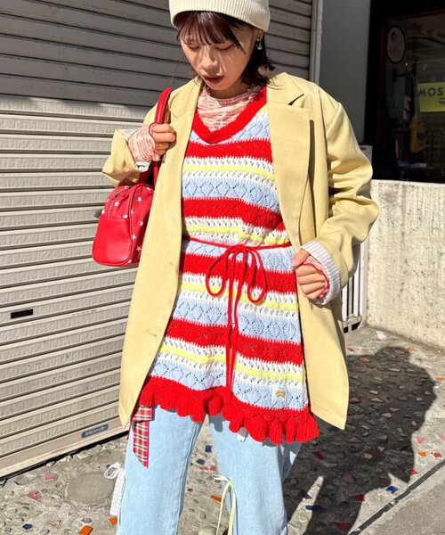 HELLO.SANFRANCISCO(ハローサンフランシスコ)の「【HELLO.SANFRANCISCO】透かし柄ボーダーニットチュニック(ニット/セーター・レディース・レッド/サックスブルー・ONE SIZE)」の11枚目の写真