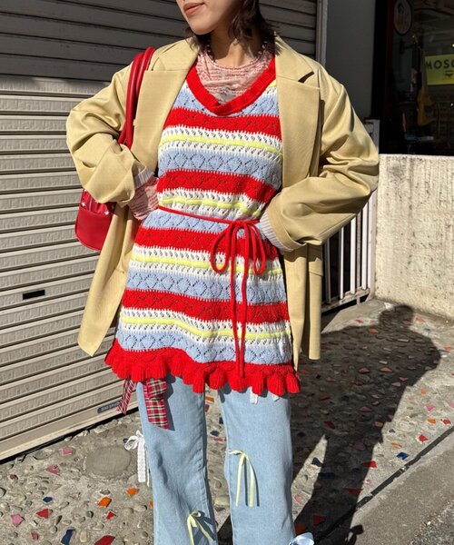 HELLO.SANFRANCISCO(ハローサンフランシスコ)の「【HELLO.SANFRANCISCO】透かし柄ボーダーニットチュニック(ニット/セーター・レディース・レッド/サックスブルー・ONE SIZE)」の12枚目の写真