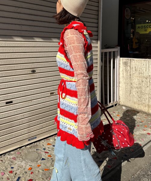 HELLO.SANFRANCISCO(ハローサンフランシスコ)の「【HELLO.SANFRANCISCO】透かし柄ボーダーニットチュニック(ニット/セーター・レディース・レッド/サックスブルー・ONE SIZE)」の15枚目の写真