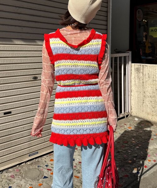 HELLO.SANFRANCISCO(ハローサンフランシスコ)の「【HELLO.SANFRANCISCO】透かし柄ボーダーニットチュニック(ニット/セーター・レディース・レッド/サックスブルー・ONE SIZE)」の16枚目の写真