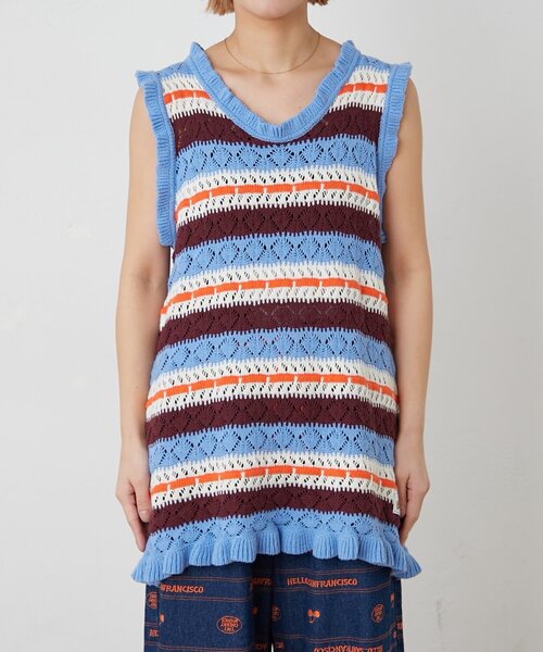 HELLO.SANFRANCISCO(ハローサンフランシスコ)の「【HELLO.SANFRANCISCO】透かし柄ボーダーニットチュニック(ニット/セーター・レディース・レッド/サックスブルー・ONE SIZE)」の20枚目の写真