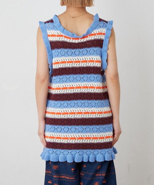 HELLO.SANFRANCISCO(ハローサンフランシスコ)の「【HELLO.SANFRANCISCO】透かし柄ボーダーニットチュニック(ニット/セーター・レディース・レッド/サックスブルー・ONE SIZE)」の22枚目の写真