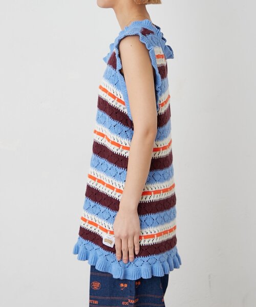 HELLO.SANFRANCISCO（ハローサンフランシスコ）の「【HELLO.SANFRANCISCO】透かし柄ボーダーニットチュニック（ニット/セーター・レディース・レッド/サックスブルー・ONE SIZE）」の7枚目の写真