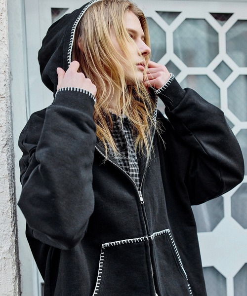 ROCHEM（ローシェン）の「ステッチデザインショート丈ダブルジップパーカー（パーカー・メンズ・ブラック/グレー/ブラック系・L/M/S/XS）」の14枚目の写真