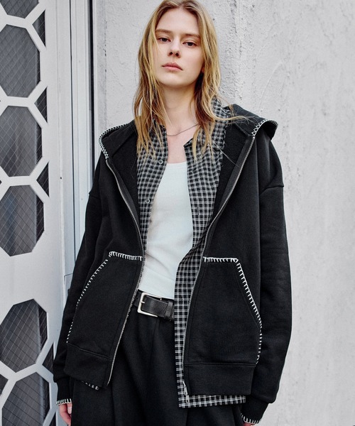 ROCHEM（ローシェン）の「ステッチデザインショート丈ダブルジップパーカー（パーカー・メンズ・ブラック/グレー/ブラック系・L/M/S/XS）」の18枚目の写真