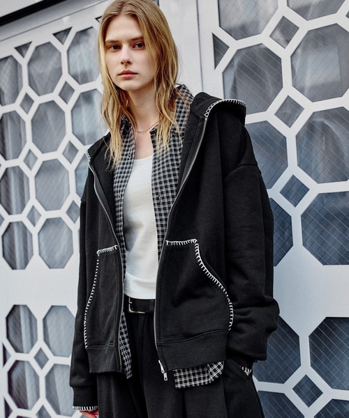 ROCHEM（ローシェン）の「ステッチデザインショート丈ダブルジップパーカー（パーカー・メンズ・ブラック/グレー/ブラック系・L/M/S/XS）」の19枚目の写真