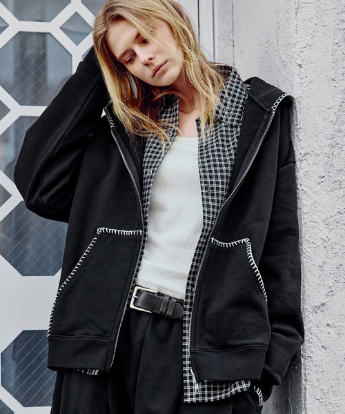 ROCHEM（ローシェン）の「ステッチデザインショート丈ダブルジップパーカー（パーカー・メンズ・ブラック/グレー/ブラック系・L/M/S/XS）」の20枚目の写真