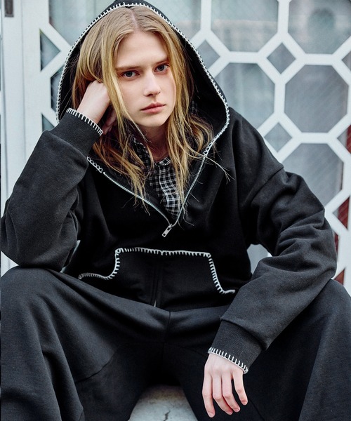 ROCHEM（ローシェン）の「ステッチデザインショート丈ダブルジップパーカー（パーカー・メンズ・ブラック/グレー/ブラック系・L/M/S/XS）」の16枚目の写真