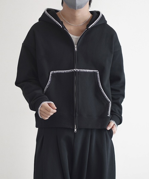 ROCHEM（ローシェン）の「ステッチデザインショート丈ダブルジップパーカー（パーカー・メンズ・ブラック/グレー/ブラック系・L/M/S/XS）」の4枚目の写真