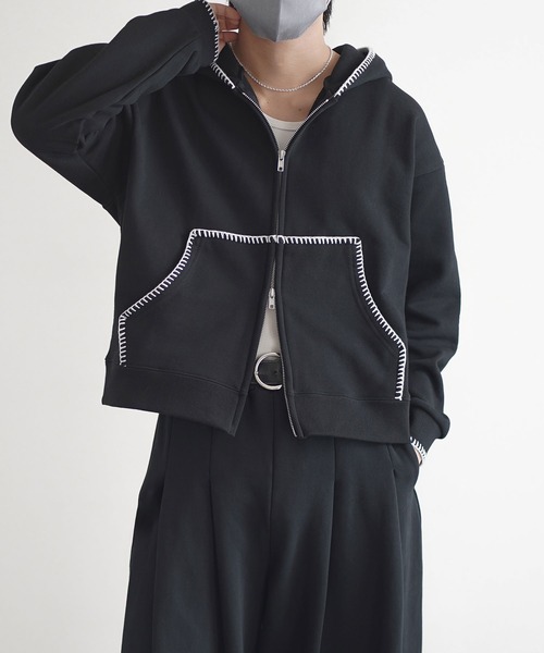 ROCHEM（ローシェン）の「ステッチデザインショート丈ダブルジップパーカー（パーカー・メンズ・ブラック/グレー/ブラック系・L/M/S/XS）」の5枚目の写真