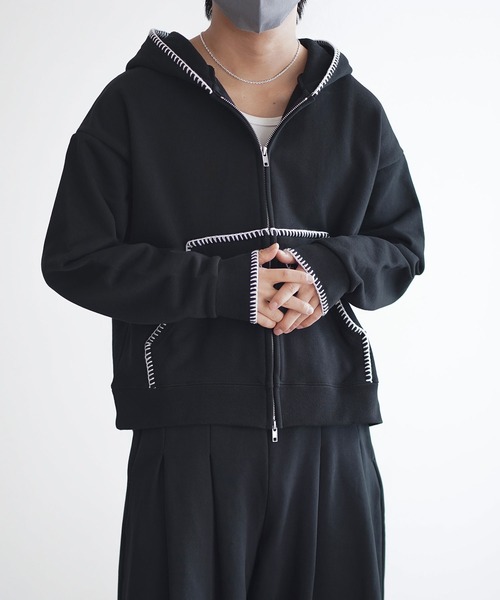 ROCHEM（ローシェン）の「ステッチデザインショート丈ダブルジップパーカー（パーカー・メンズ・ブラック/グレー/ブラック系・L/M/S/XS）」の6枚目の写真