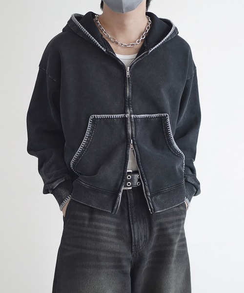 ROCHEM（ローシェン）の「ステッチデザインショート丈ダブルジップパーカー（パーカー・メンズ・ブラック/グレー/ブラック系・L/M/S/XS）」の9枚目の写真