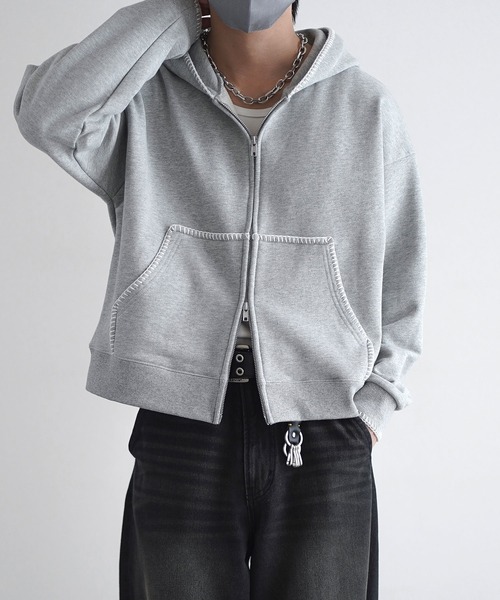 ROCHEM（ローシェン）の「ステッチデザインショート丈ダブルジップパーカー（パーカー・メンズ・ブラック/グレー/ブラック系・L/M/S/XS）」の11枚目の写真